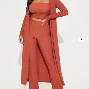 Women's Ribbed 3-Piece Lounge Set Pants in Rust